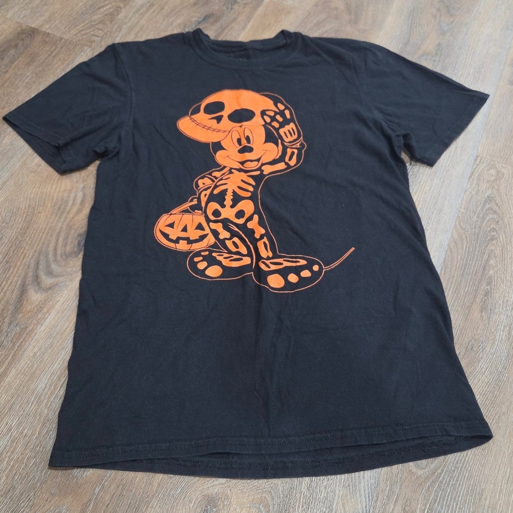 Disney Mickey Mouse Halloween Skeleton T-Shirt Black Orange Mens Small S Cotton